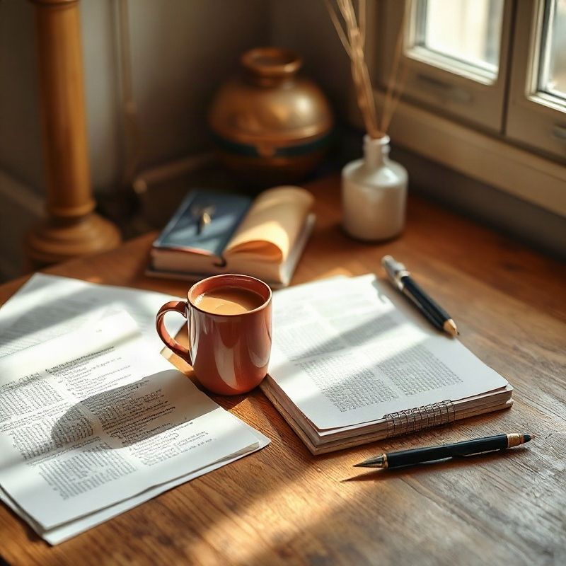 Escritorio con artículos impresos, cuadernos y una taza sobre madera clara