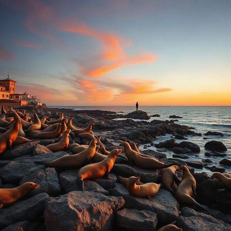 Costa de Cabo Polonio con lobos marinos sobre rocas al atardecer