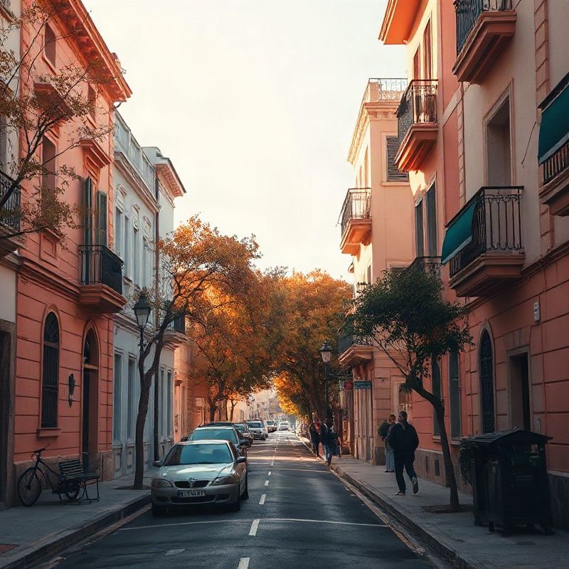 Calle residencial tranquila de Punta del Este en otoño con fachadas cálidas