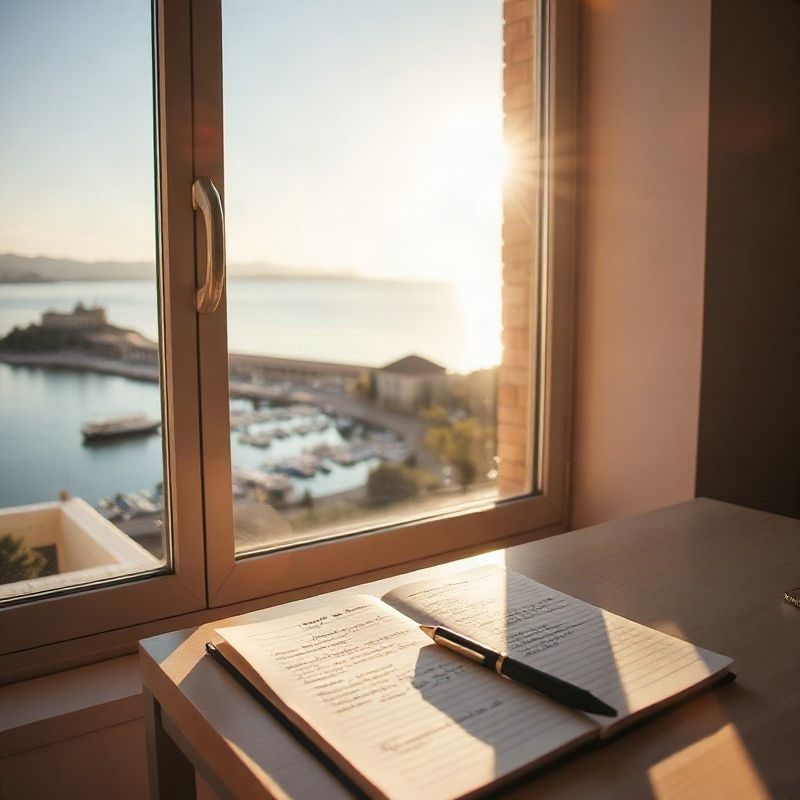 Escritorio junto a una ventana con vista a la bahía de Punta del Este, cuaderno y lapicera al frente