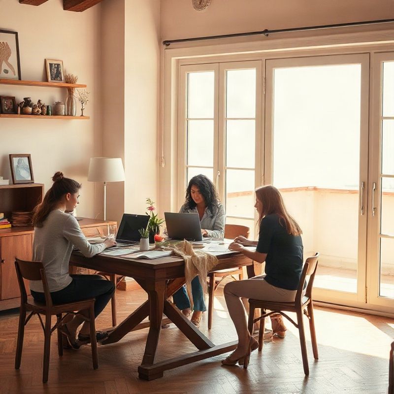 Pequeño equipo editorial trabajando alrededor de una mesa de madera con luz natural cálida